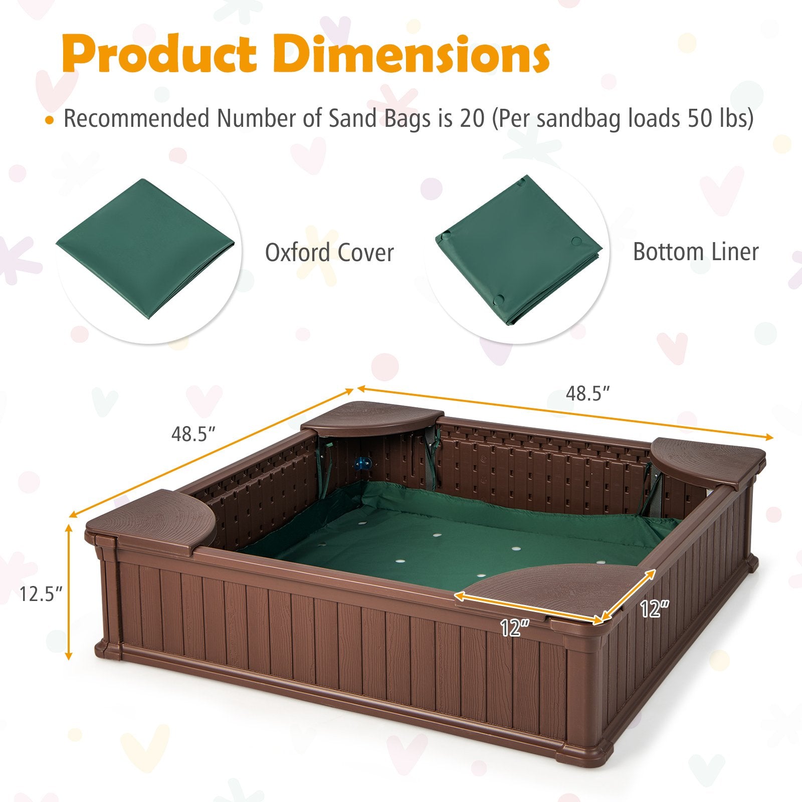 Kids Outdoor Sandbox with Oxford Cover and 4 Corner Seats, Brown - Gallery Canada