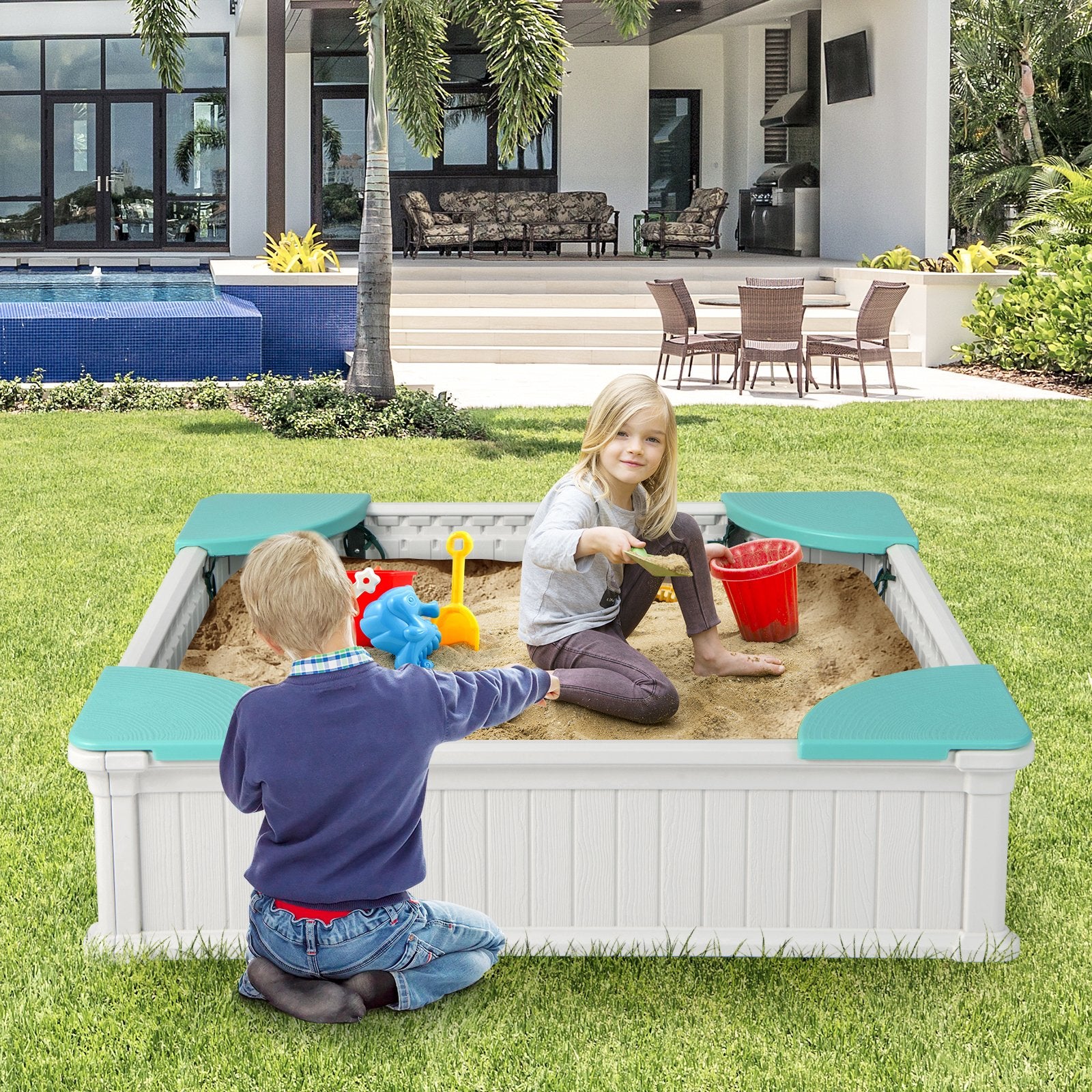 Kids Outdoor Sandbox with Oxford Cover and 4 Corner Seats, White - Gallery Canada