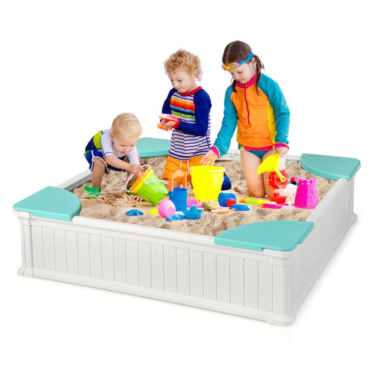 Kids Outdoor Sandbox with Oxford Cover and 4 Corner Seats, White