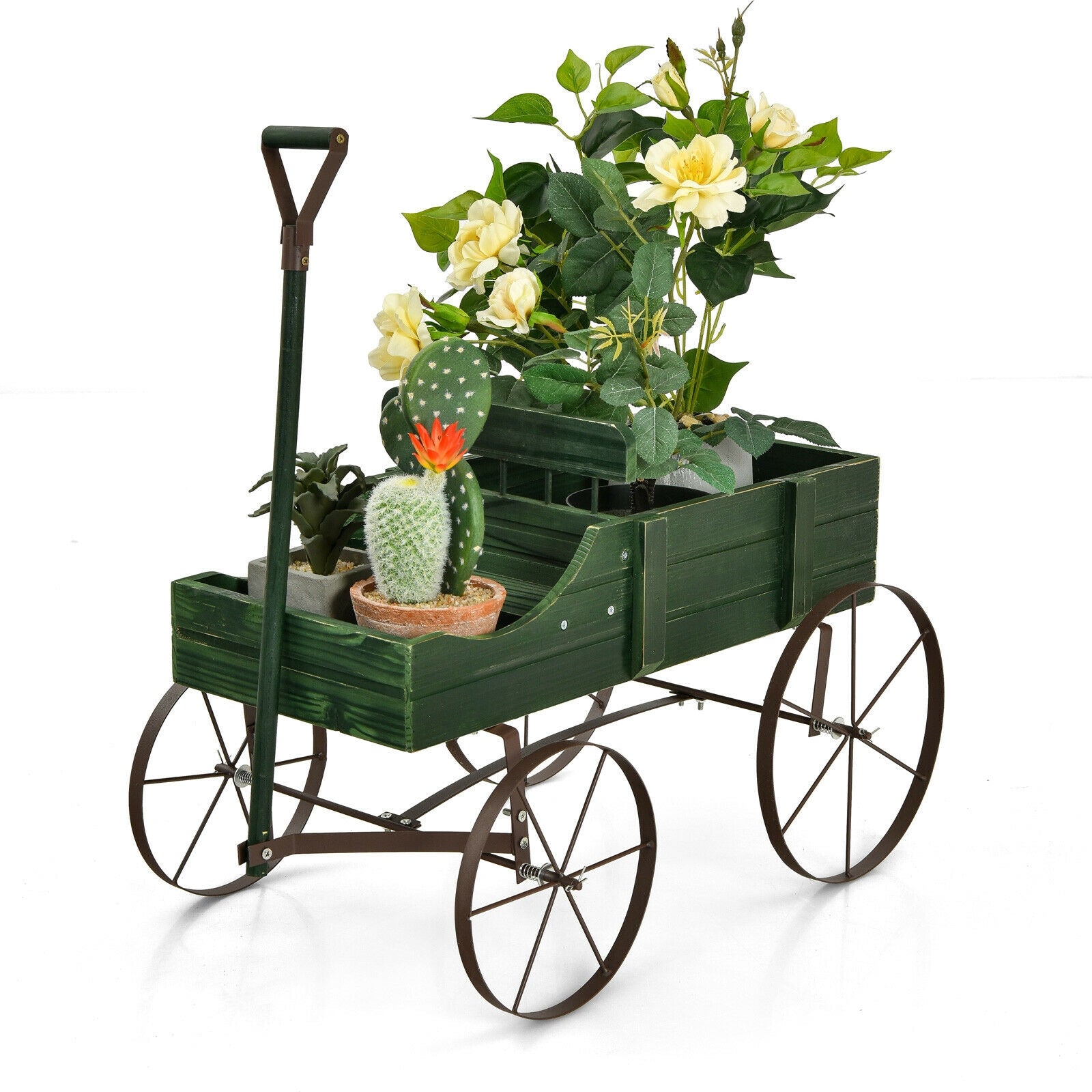 Wooden Wagon Plant Bed With Wheel for Garden Yard, Green Plant Stands at Gallery Canada