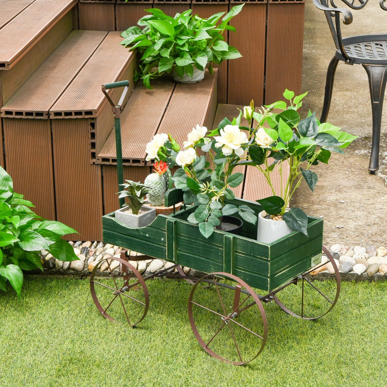Wooden Wagon Plant Bed With Wheel for Garden Yard, Green Plant Stands at Gallery Canada