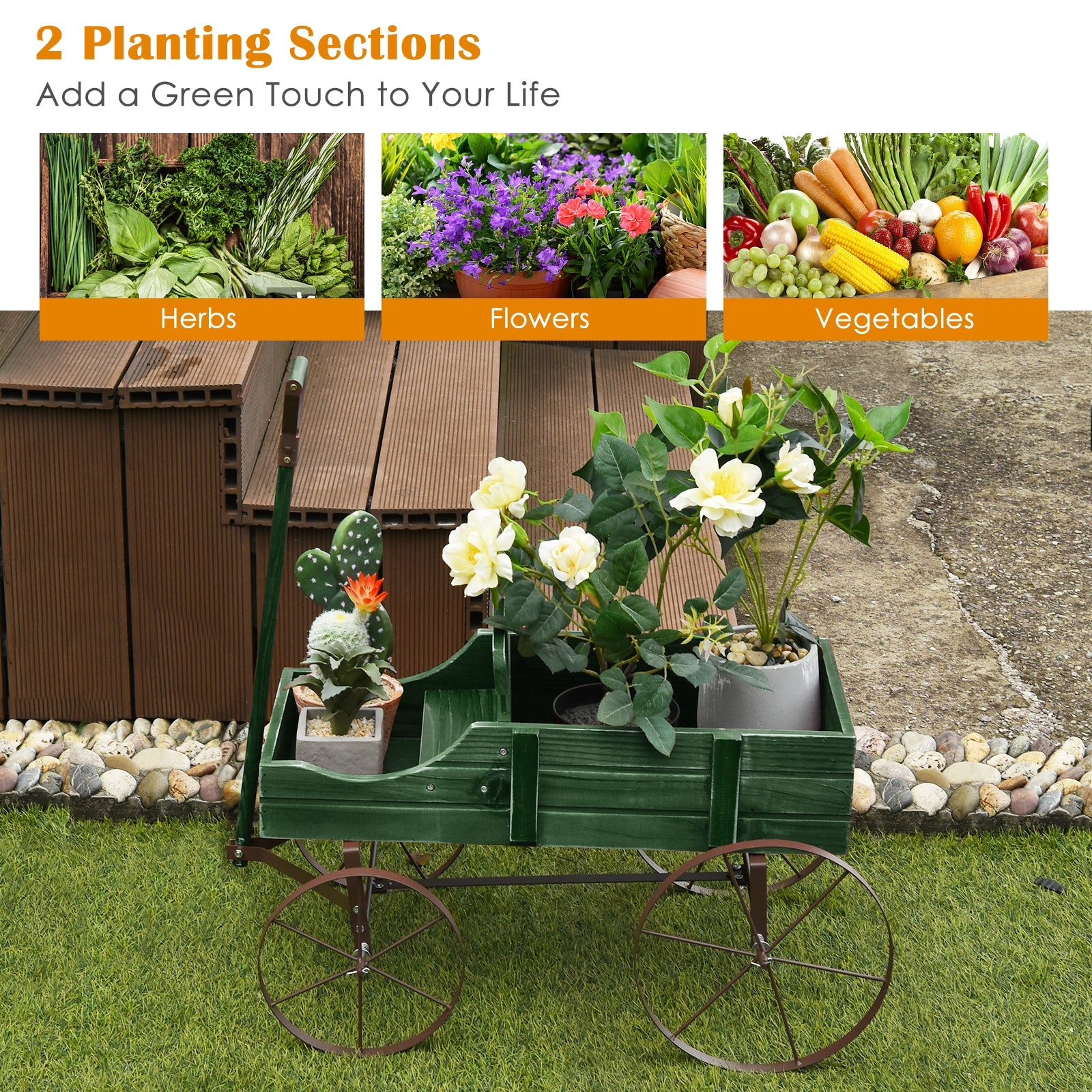 Wooden Wagon Plant Bed With Wheel for Garden Yard, Green Plant Stands at Gallery Canada