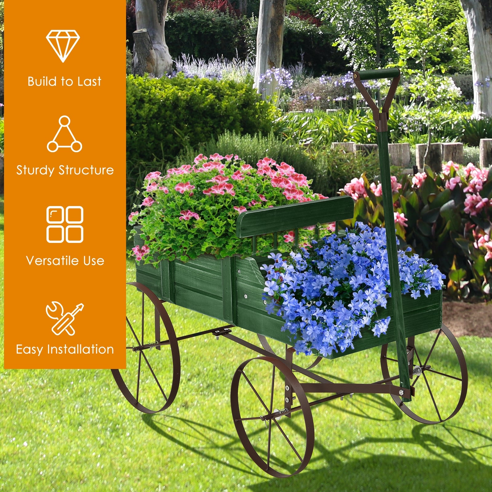 Wooden Wagon Plant Bed With Wheel for Garden Yard, Green Plant Stands at Gallery Canada