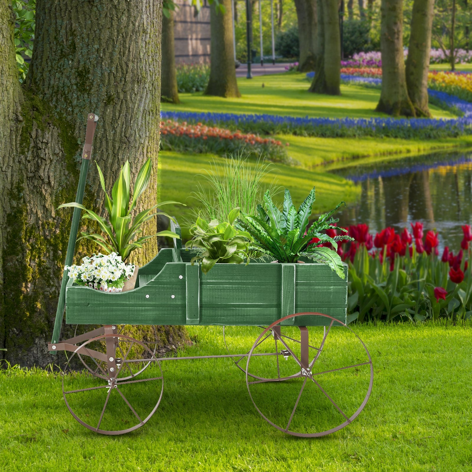 Wooden Wagon Plant Bed With Wheel for Garden Yard, Green Plant Stands at Gallery Canada