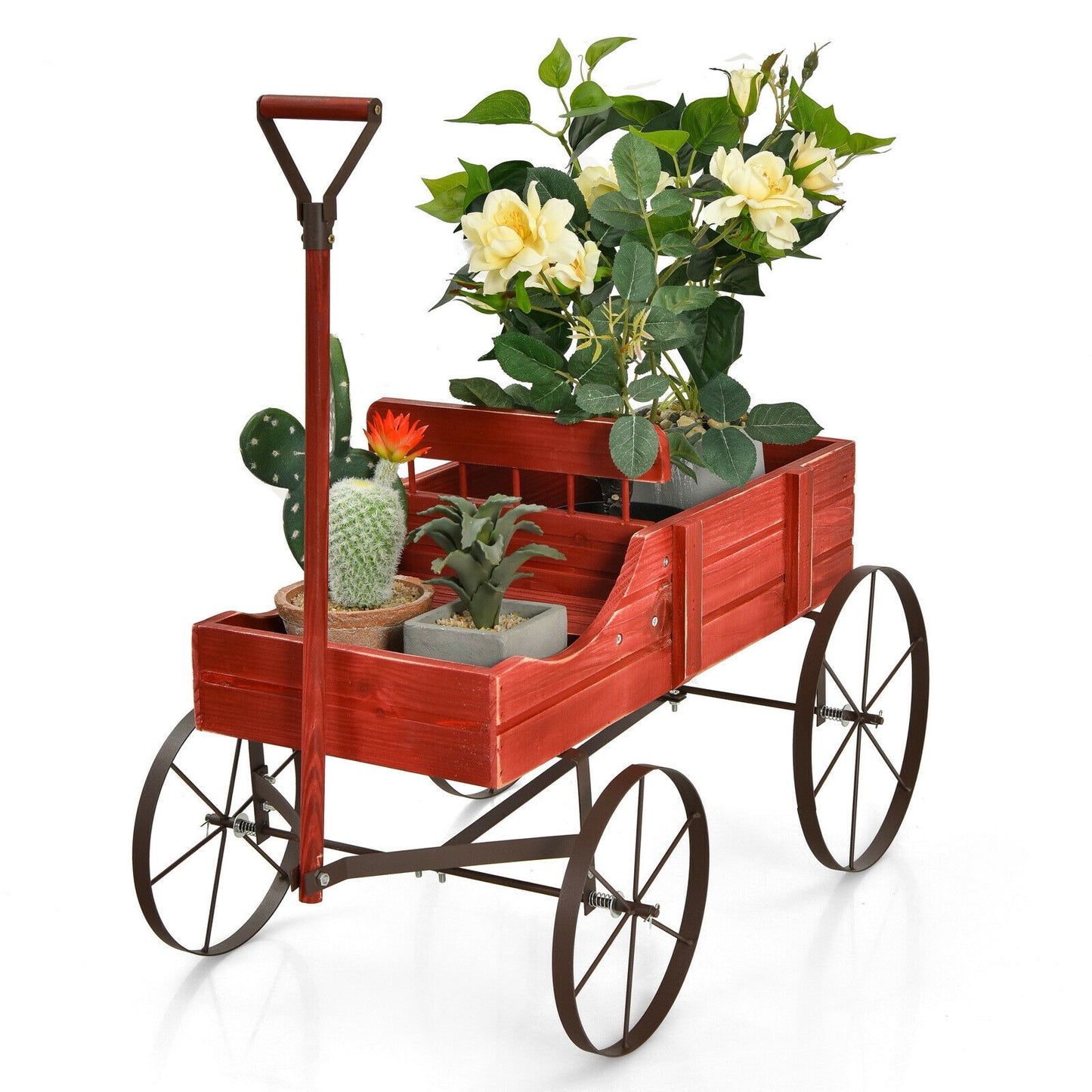 Wooden Wagon Plant Bed With Wheel for Garden Yard, Red Plant Stands at Gallery Canada