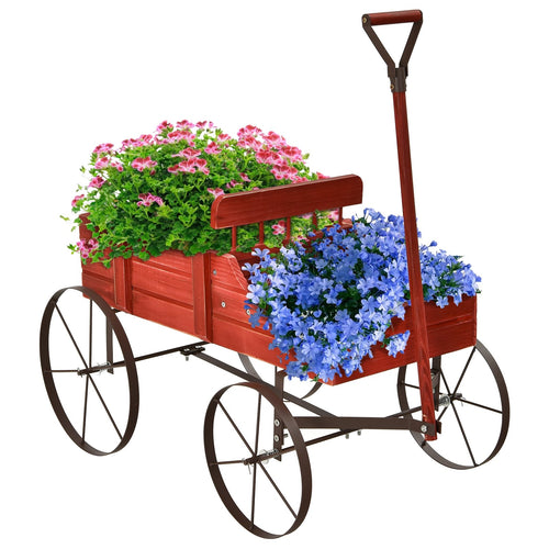 Wooden Wagon Plant Bed With Wheel for Garden Yard, Red