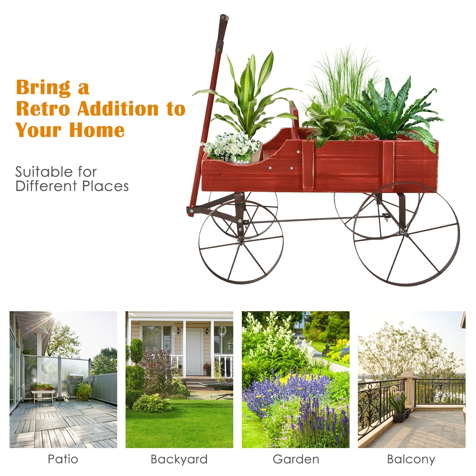 Wooden Wagon Plant Bed With Wheel for Garden Yard, Red Plant Stands at Gallery Canada