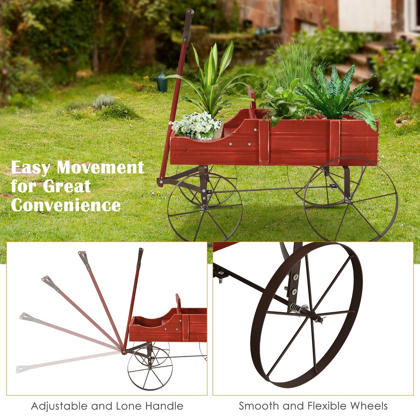 Wooden Wagon Plant Bed With Wheel for Garden Yard, Red Plant Stands at Gallery Canada