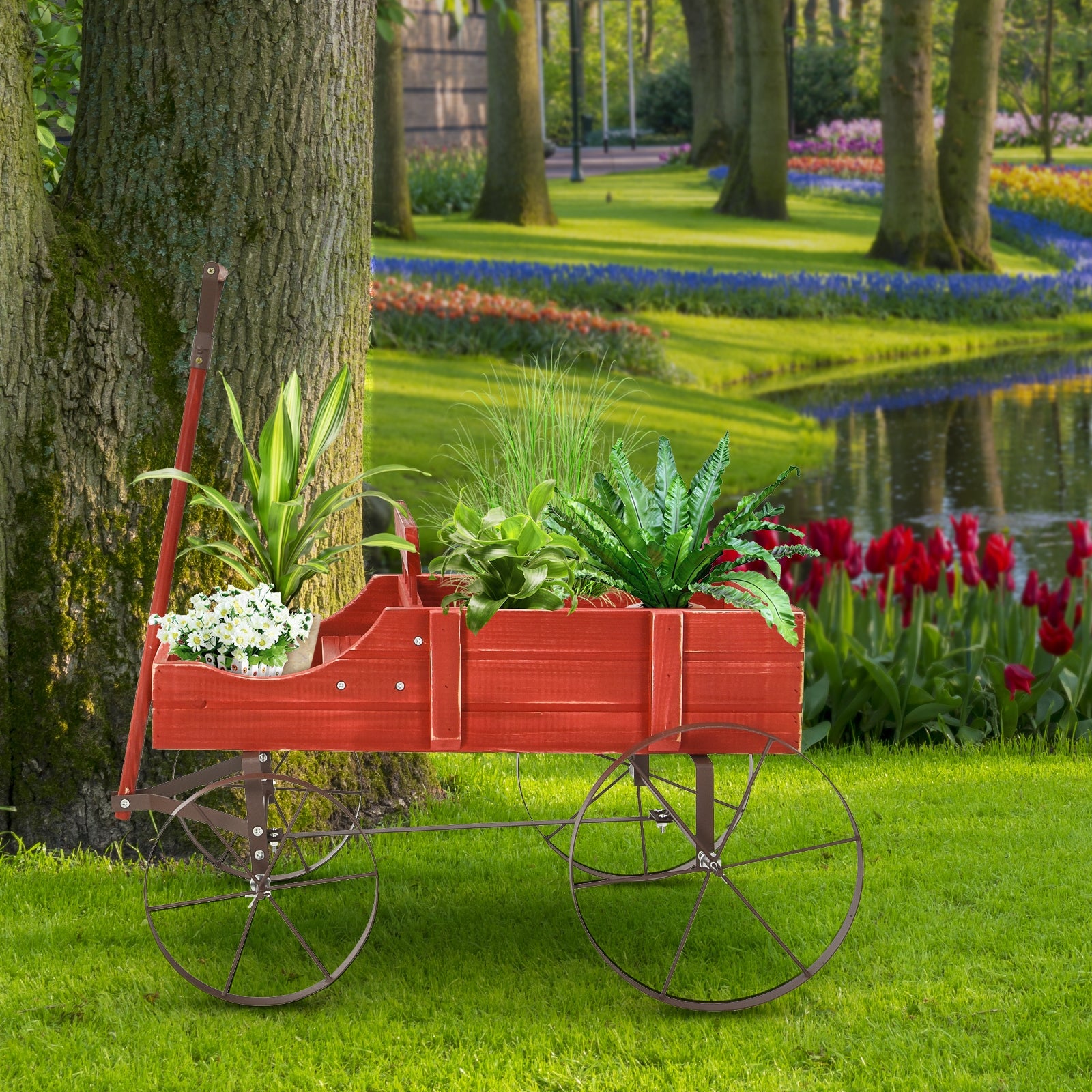 Wooden Wagon Plant Bed With Wheel for Garden Yard, Red Plant Stands at Gallery Canada