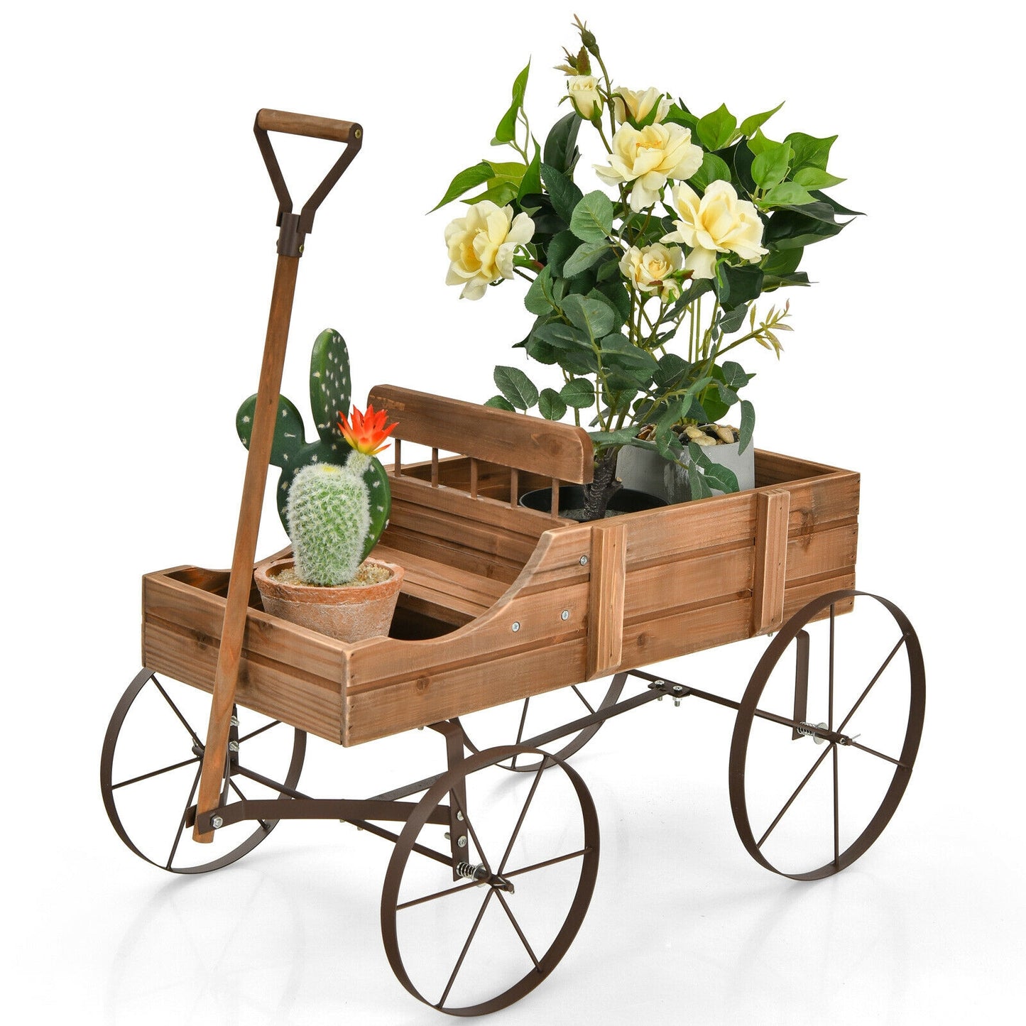 Wooden Wagon Plant Bed With Wheel for Garden Yard, Brown Plant Stands at Gallery Canada