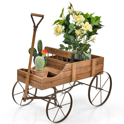 Wooden Wagon Plant Bed With Wheel for Garden Yard, Brown Plant Stands at Gallery Canada