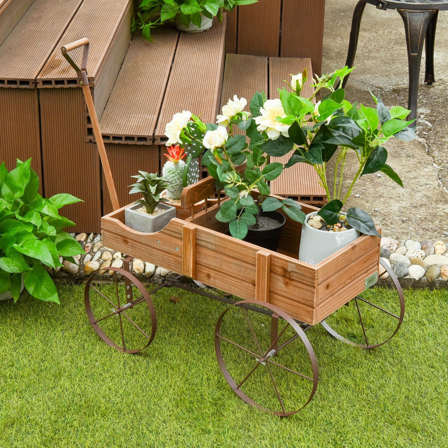 Wooden Wagon Plant Bed With Wheel for Garden Yard, Brown Plant Stands at Gallery Canada