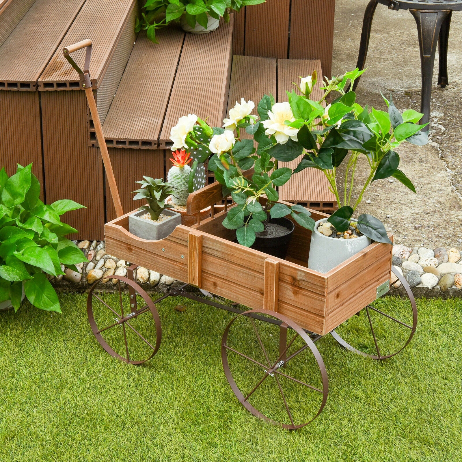 Wooden Wagon Plant Bed With Wheel for Garden Yard, Brown Plant Stands at Gallery Canada