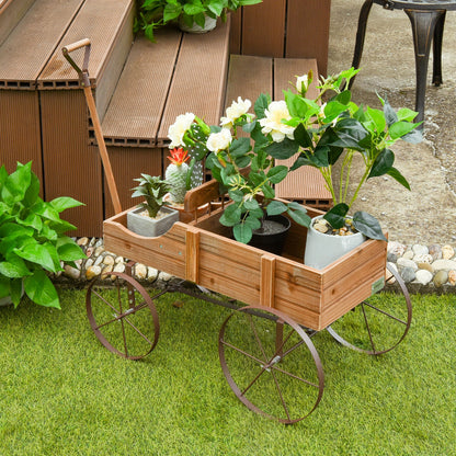 Wooden Wagon Plant Bed With Wheel for Garden Yard, Brown Plant Stands at Gallery Canada