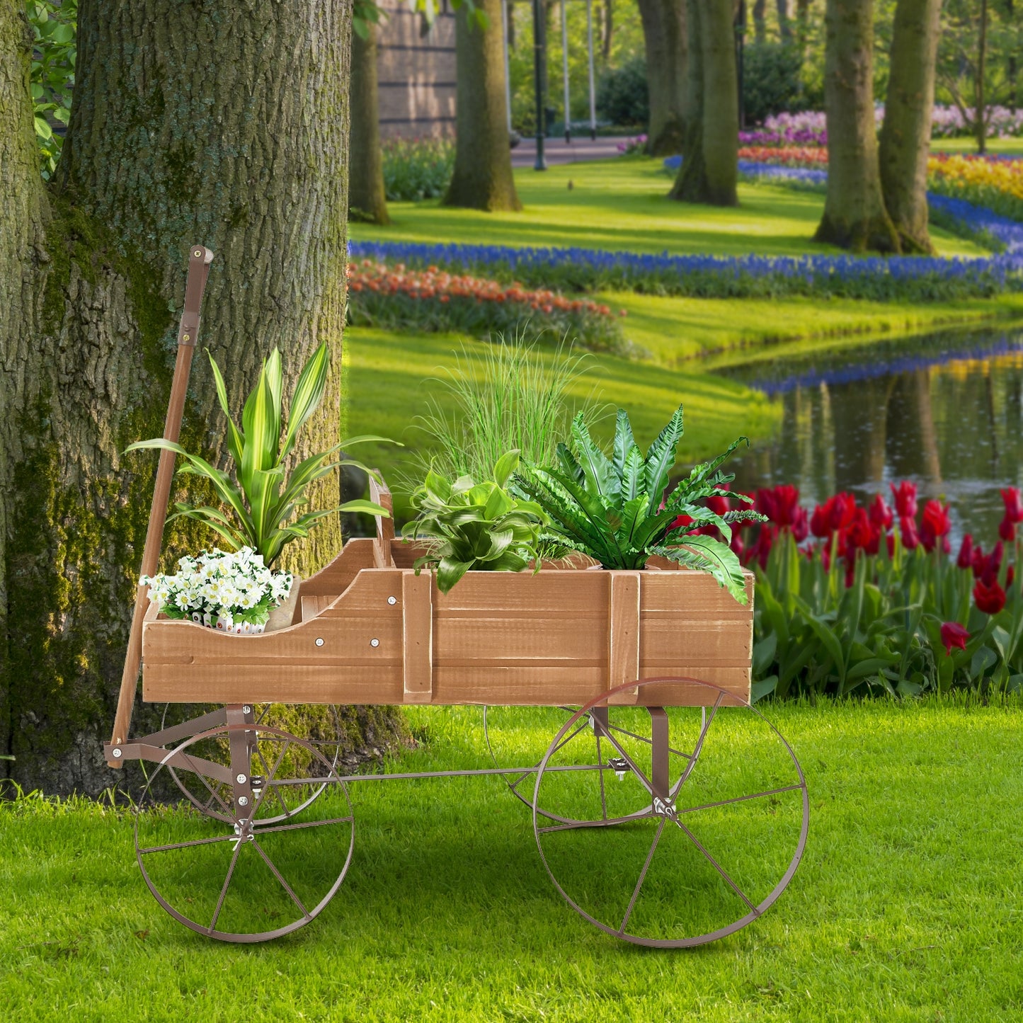 Wooden Wagon Plant Bed With Wheel for Garden Yard, Brown Plant Stands at Gallery Canada
