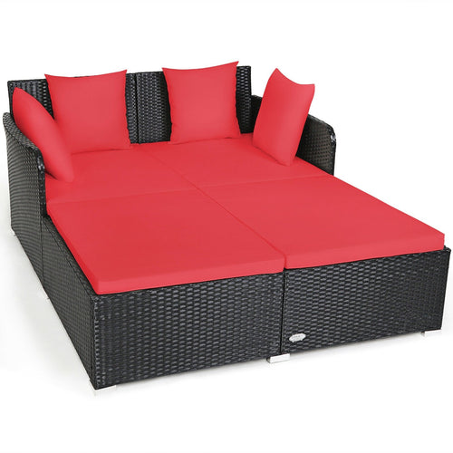 Spacious Outdoor Rattan Daybed with Upholstered Cushions and Pillows, Red