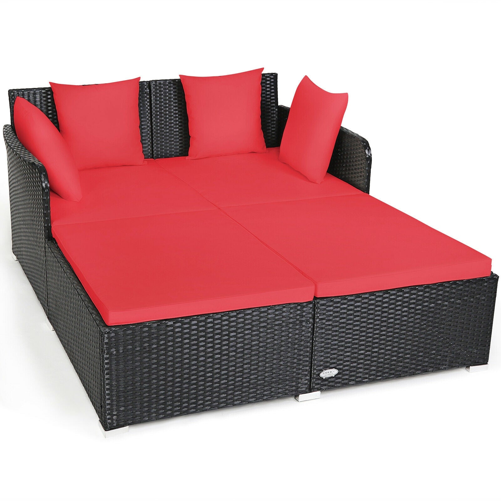 Spacious Outdoor Rattan Daybed with Upholstered Cushions and Pillows, Red Outdoor Sectionals at Gallery Canada