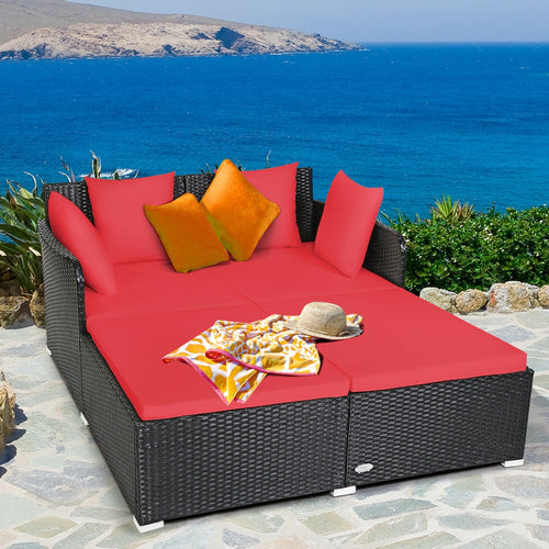 Spacious Outdoor Rattan Daybed with Upholstered Cushions and Pillows, Red