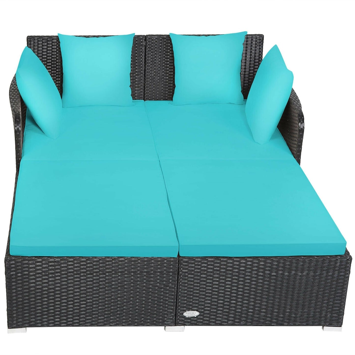 Spacious Outdoor Rattan Daybed with Upholstered Cushions and Pillows, Turquoise - Gallery Canada