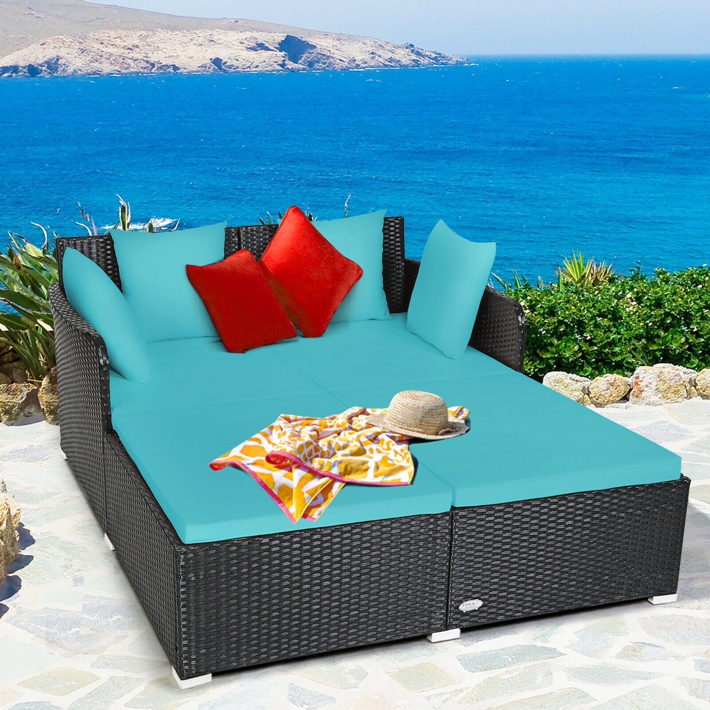 Spacious Outdoor Rattan Daybed with Upholstered Cushions and Pillows, Turquoise Outdoor Sectionals at Gallery Canada