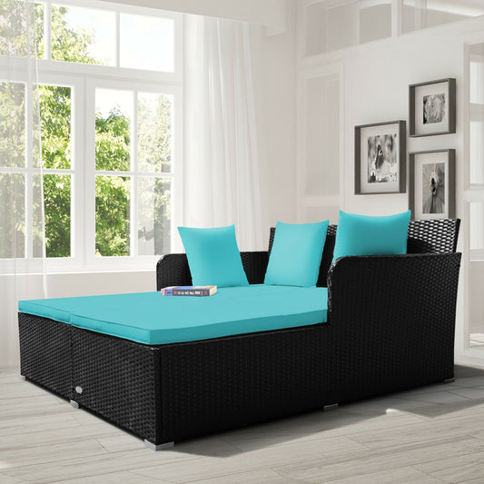 Spacious Outdoor Rattan Daybed with Upholstered Cushions and Pillows, Turquoise Outdoor Sectionals Turquoise at Gallery Canada