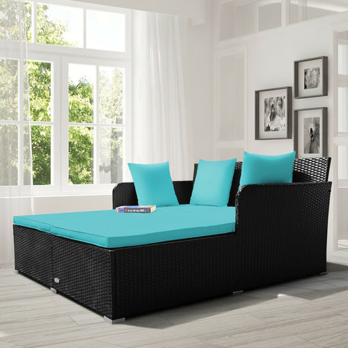 Spacious Outdoor Rattan Daybed with Upholstered Cushions and Pillows, Turquoise