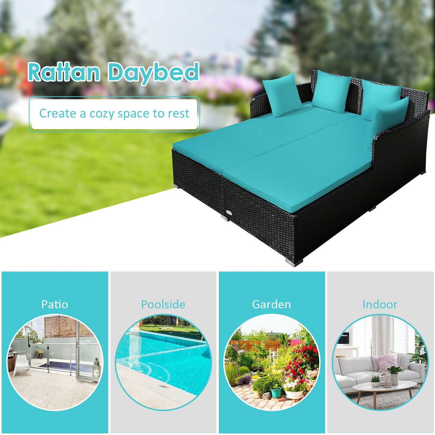 Spacious Outdoor Rattan Daybed with Upholstered Cushions and Pillows, Turquoise Outdoor Sectionals at Gallery Canada