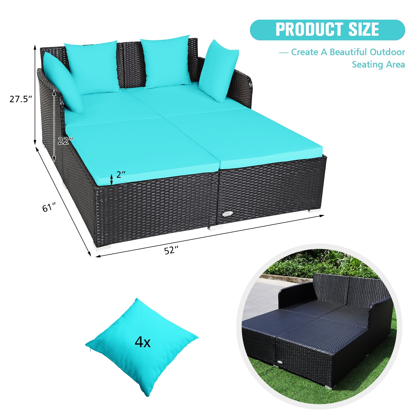 Spacious Outdoor Rattan Daybed with Upholstered Cushions and Pillows, Turquoise Outdoor Sectionals at Gallery Canada