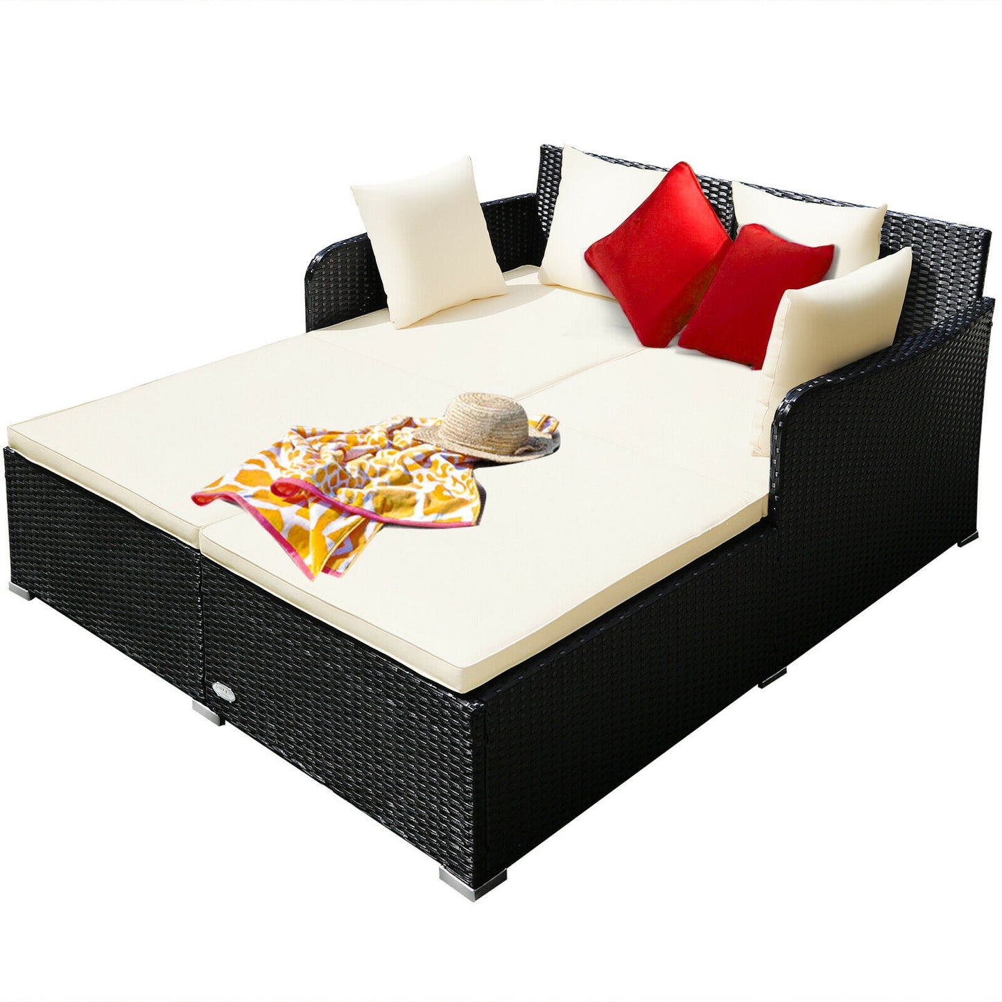 Spacious Outdoor Rattan Daybed with Upholstered Cushions and Pillows, White Outdoor Sectionals at Gallery Canada