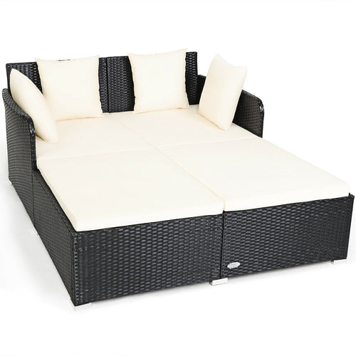 Spacious Outdoor Rattan Daybed with Upholstered Cushions and Pillows, White