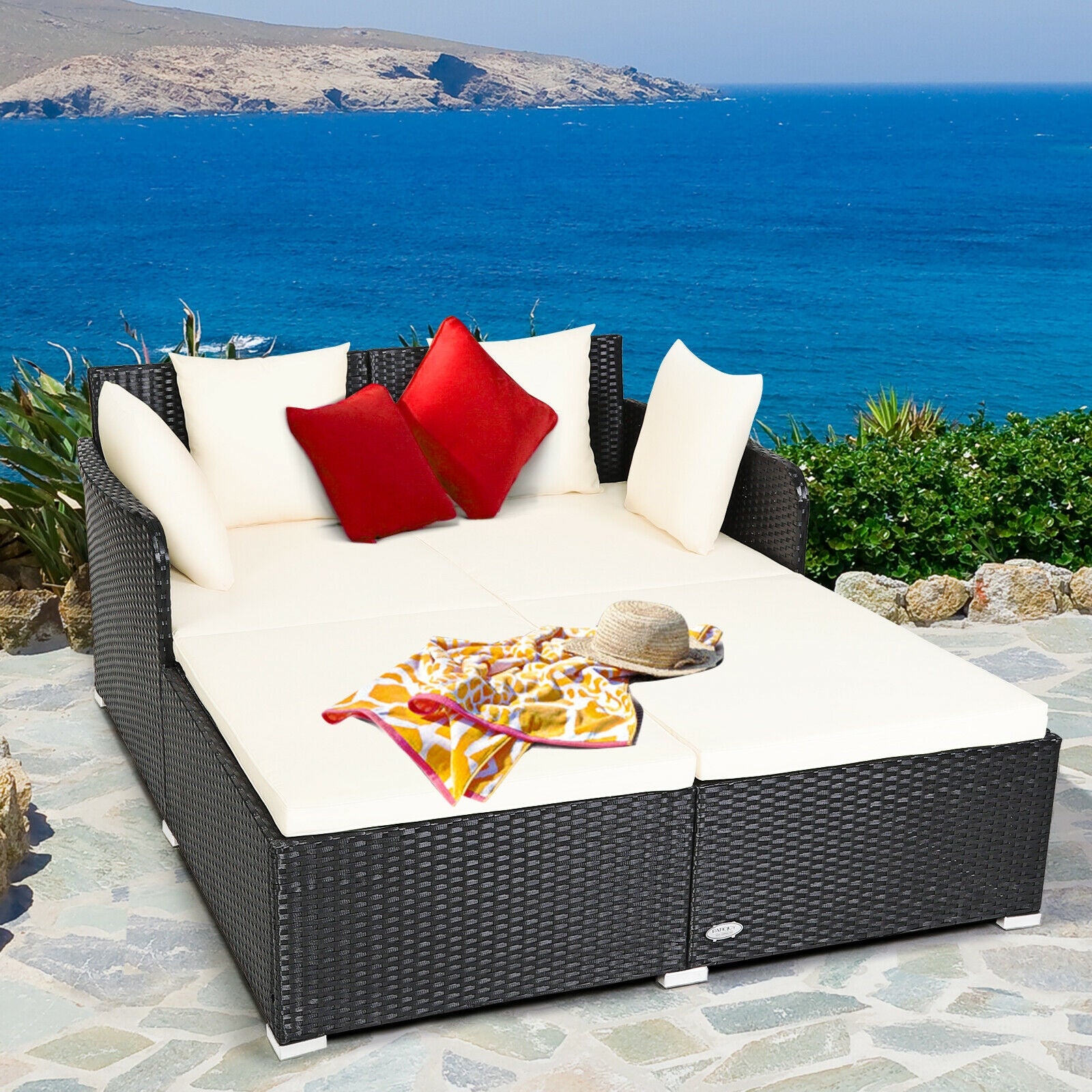Spacious Outdoor Rattan Daybed with Upholstered Cushions and Pillows, White Outdoor Sectionals at Gallery Canada