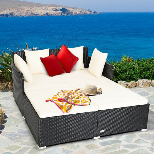 Spacious Outdoor Rattan Daybed with Upholstered Cushions and Pillows, White