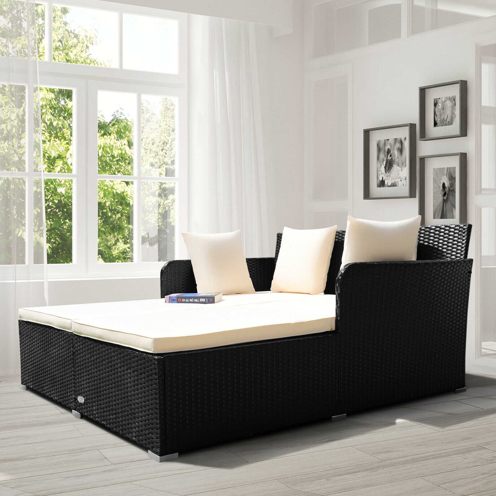 Spacious Outdoor Rattan Daybed with Upholstered Cushions and Pillows, White Outdoor Sectionals at Gallery Canada