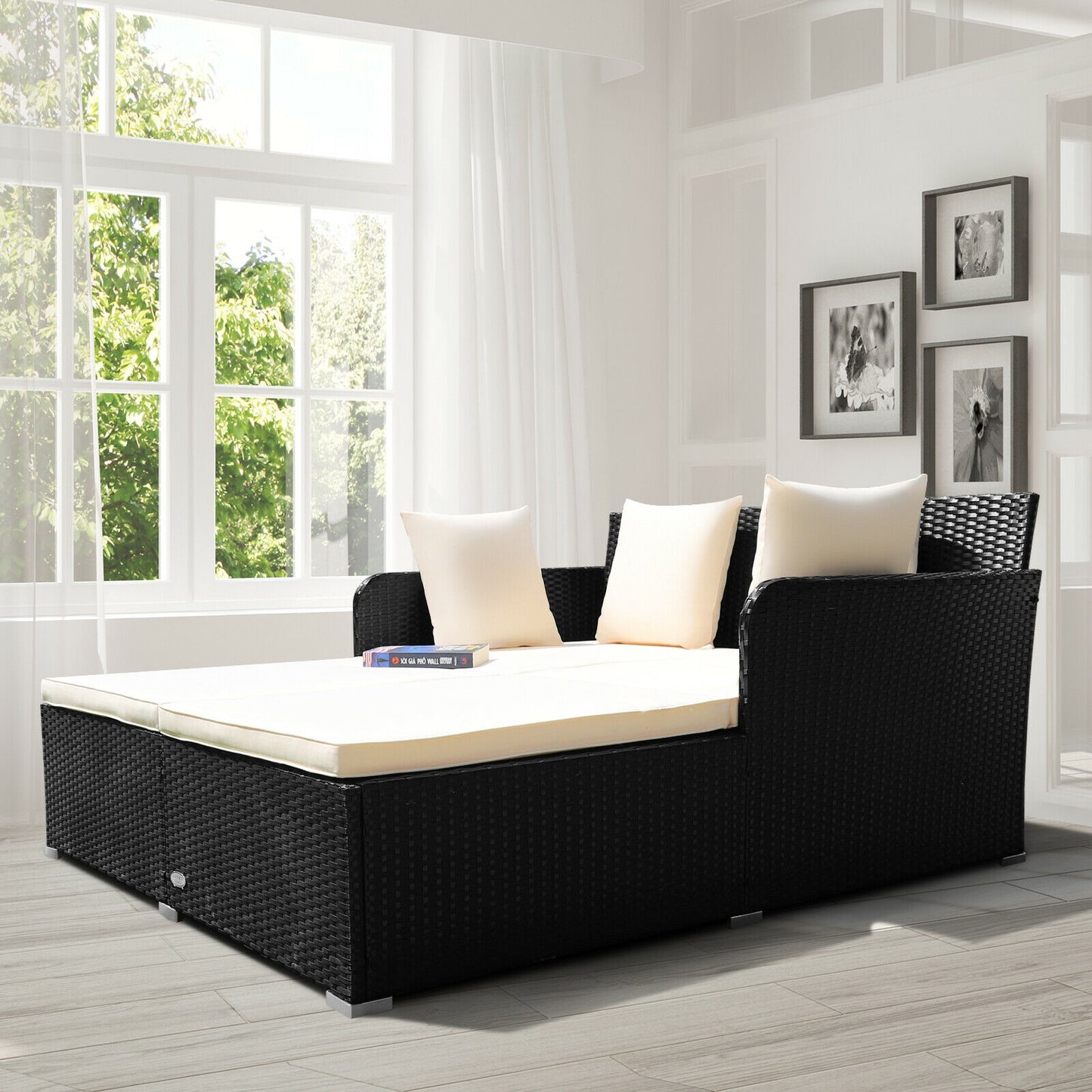 Spacious Outdoor Rattan Daybed with Upholstered Cushions and Pillows, White Outdoor Sectionals at Gallery Canada