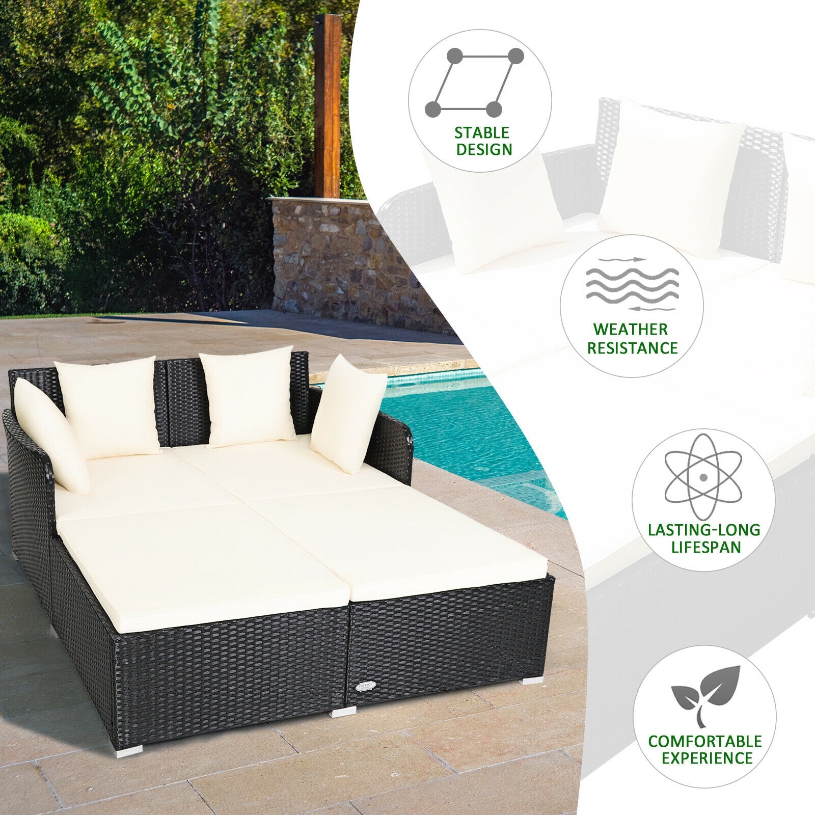 Spacious Outdoor Rattan Daybed with Upholstered Cushions and Pillows, White Outdoor Sectionals at Gallery Canada