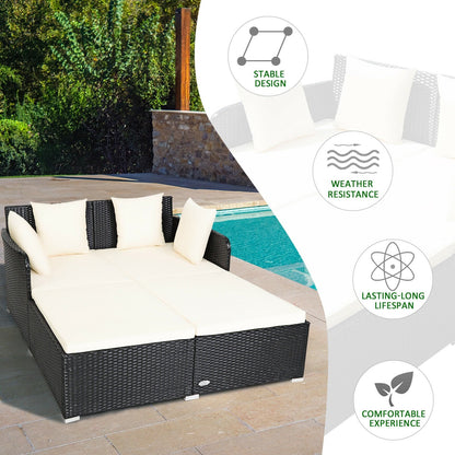 Spacious Outdoor Rattan Daybed with Upholstered Cushions and Pillows, White - Gallery Canada