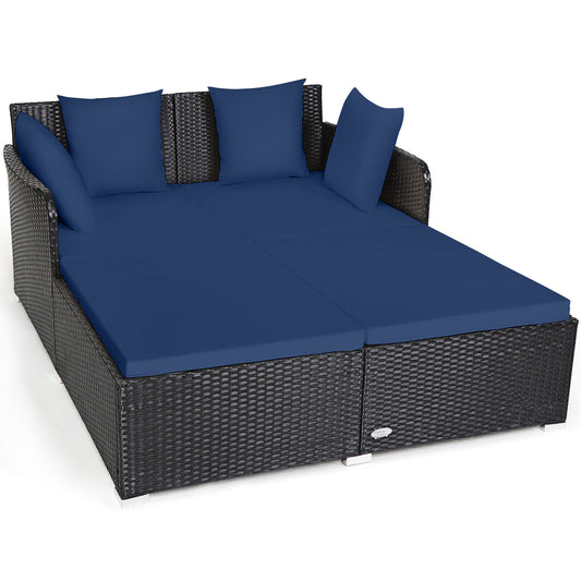 Spacious Outdoor Rattan Daybed with Upholstered Cushions and Pillows, Navy Outdoor Sectionals Navy at Gallery Canada