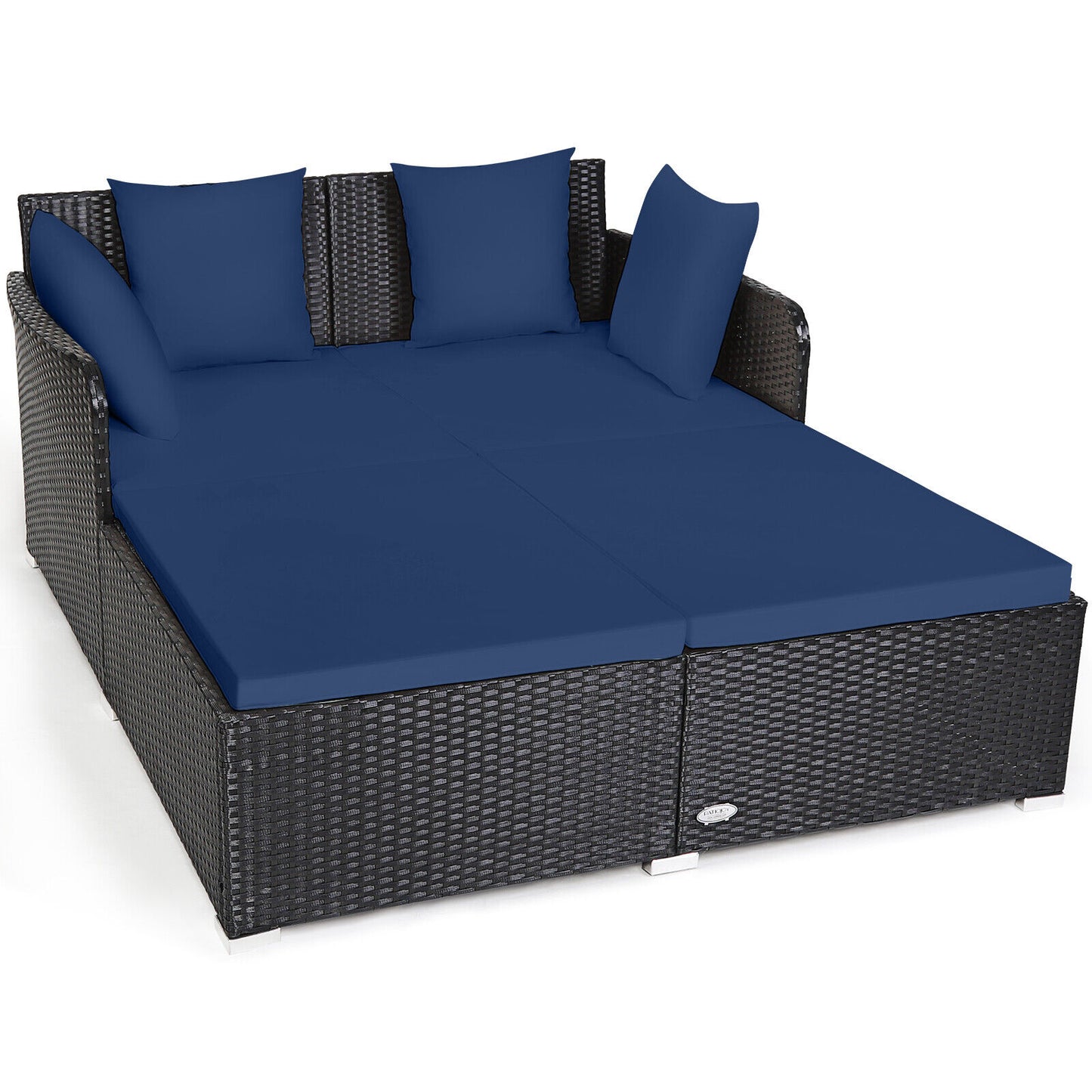 Spacious Outdoor Rattan Daybed with Upholstered Cushions and Pillows, Navy Outdoor Sectionals at Gallery Canada