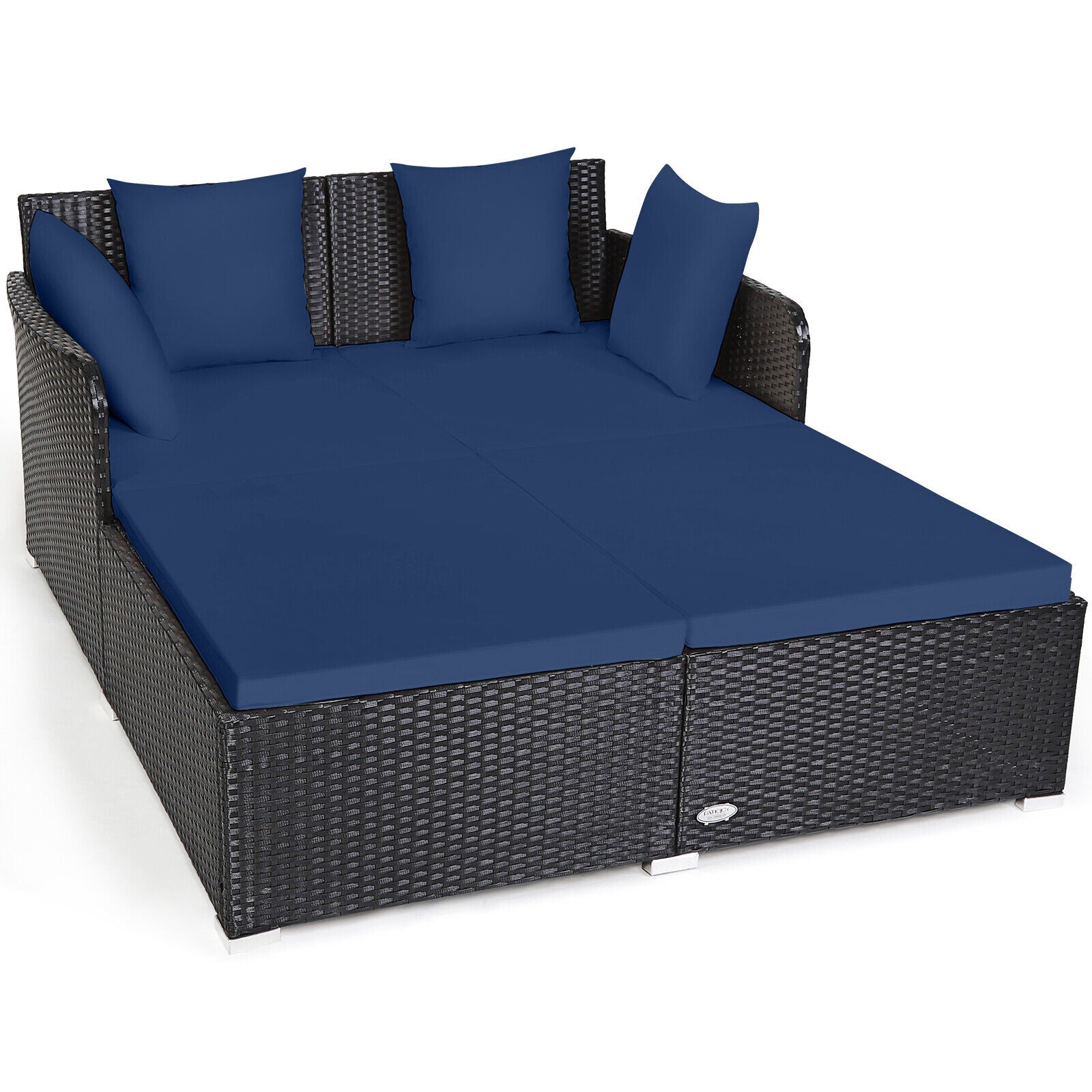Spacious Outdoor Rattan Daybed with Upholstered Cushions and Pillows, Navy Outdoor Sectionals at Gallery Canada
