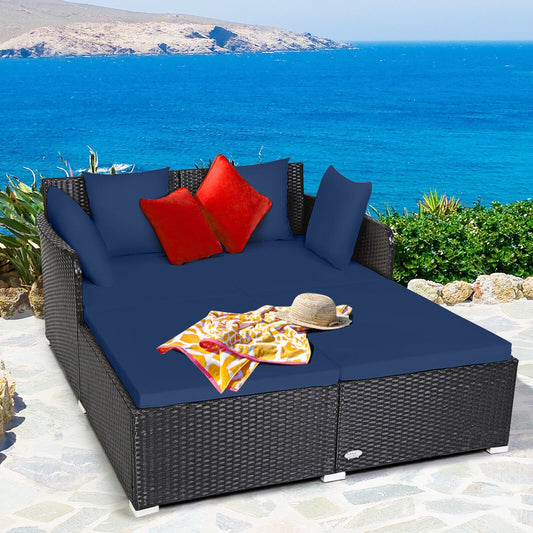 Spacious Outdoor Rattan Daybed with Upholstered Cushions and Pillows, Navy - Gallery Canada