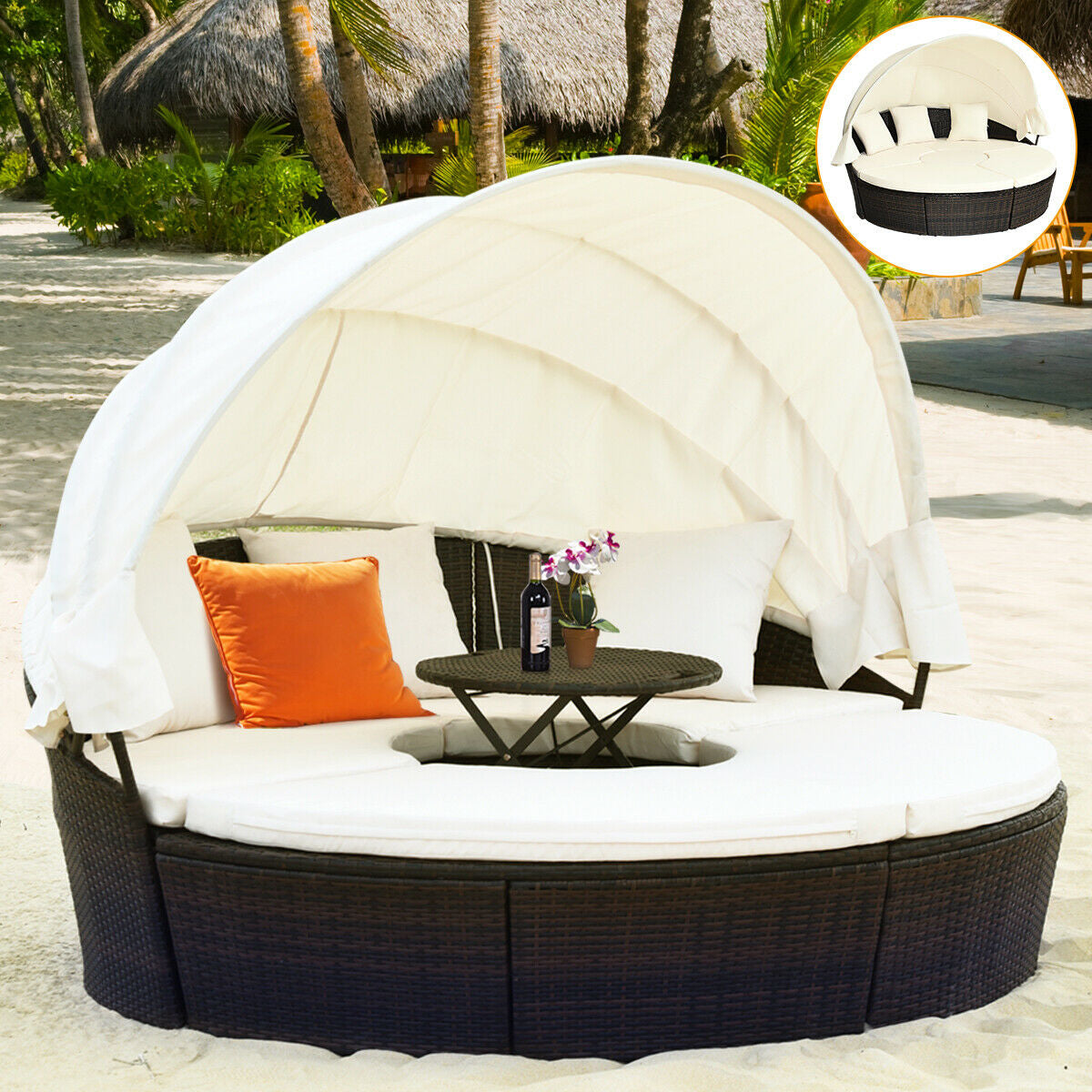 Patio Round Daybed Rattan Furniture Sets with Canopy, White Patio Furniture Sets at Gallery Canada