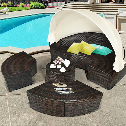 Patio Round Daybed Rattan Furniture Sets with Canopy, White - Gallery Canada