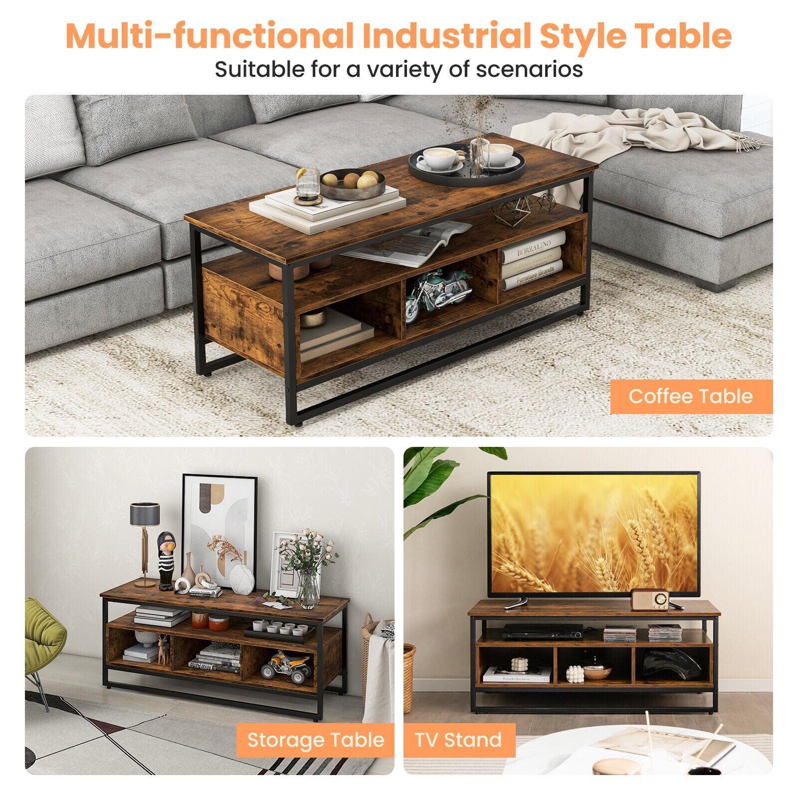 3-Tier Industrial Style Coffee Table with Open Shelf and 3 Storage Cubbies, Rustic Brown - Gallery Canada