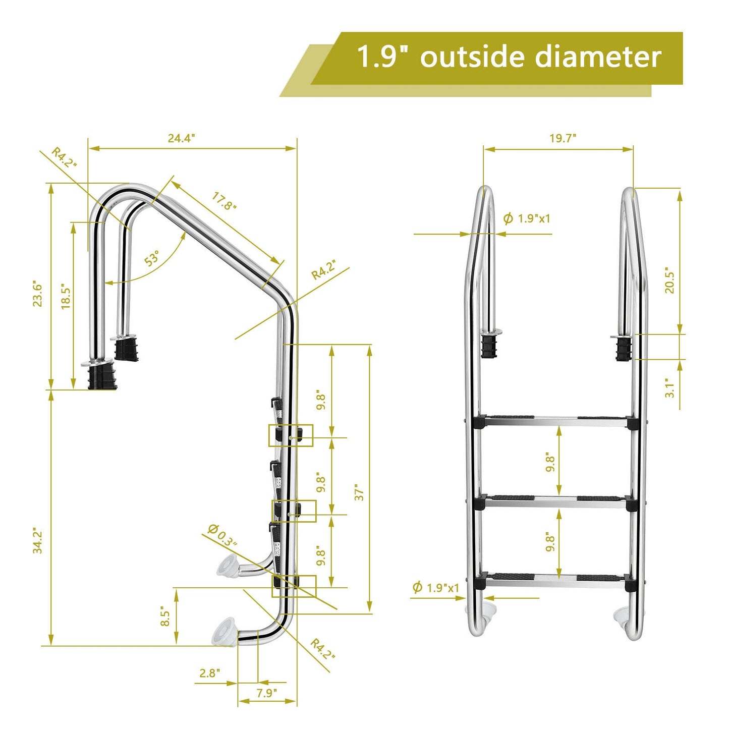 3-Step Stainless Steel Swimming Pool Ladder with Anti-Slip Step, Silver Swimming Pools at Gallery Canada