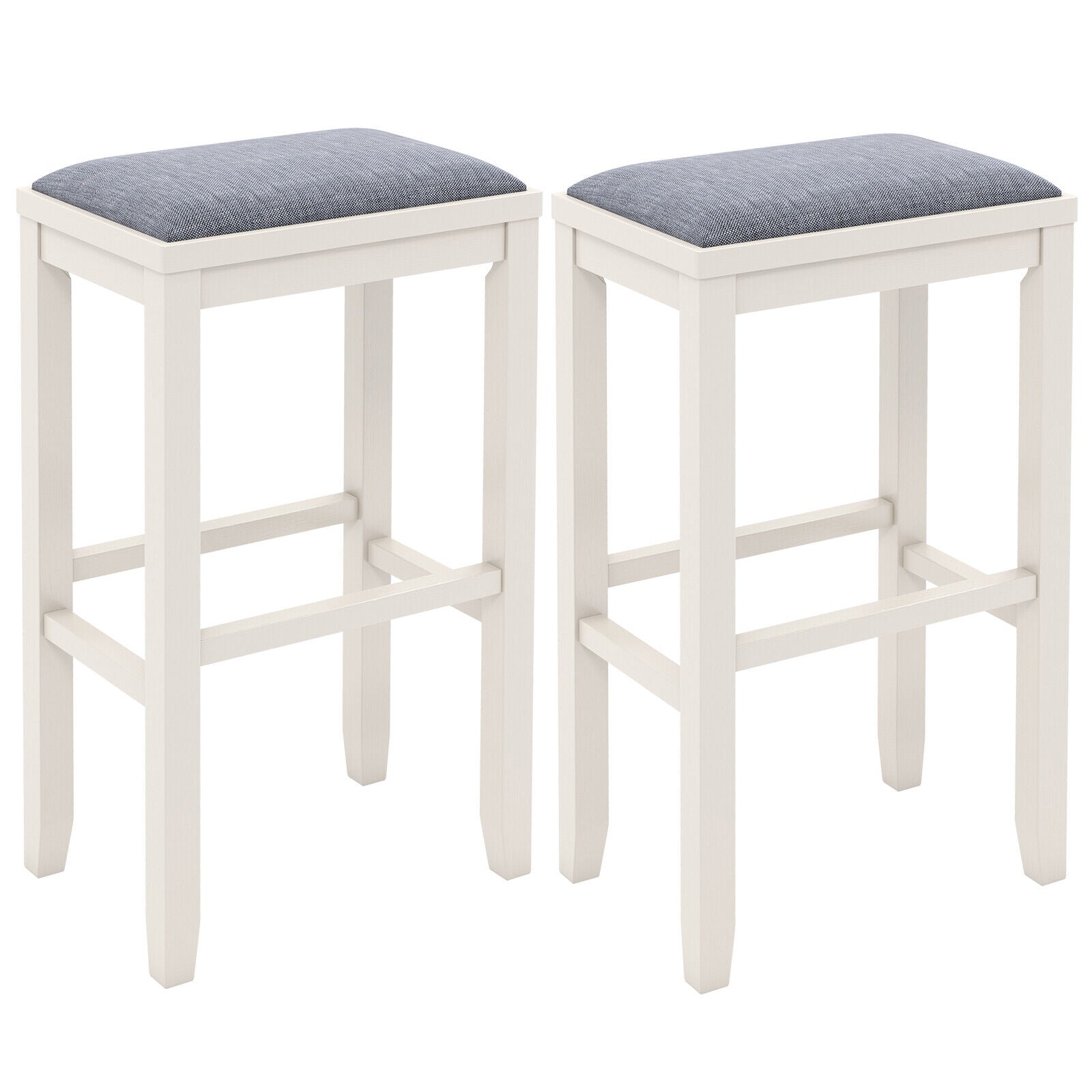 31 Inch Upholstered Bar Stool Set, Solid Rubber Wood Frame, White, Griege Bar Stools at Gallery Canada