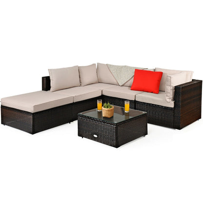 6 Pieces Outdoor Patio Rattan Furniture Set Sofa Ottoman, Beige Outdoor Sectionals at Gallery Canada