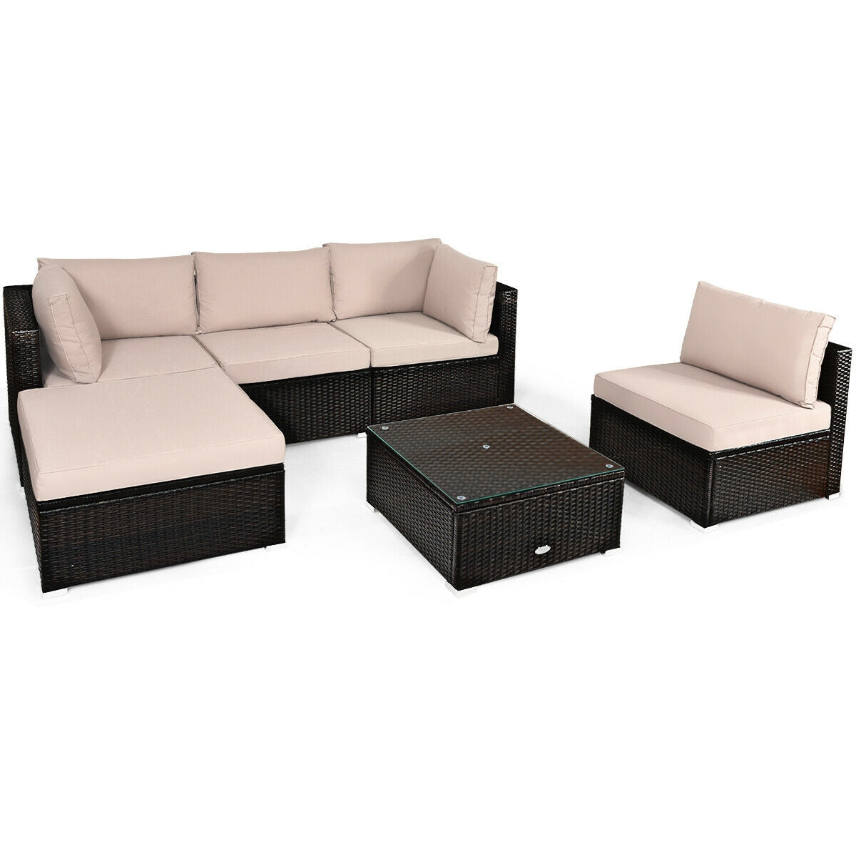 6 Pieces Outdoor Patio Rattan Furniture Set Sofa Ottoman, Beige Outdoor Sectionals at Gallery Canada