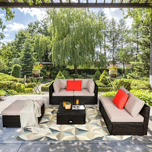 6 Pieces Outdoor Patio Rattan Furniture Set Sofa Ottoman, Beige Outdoor Sectionals Beige at Gallery Canada