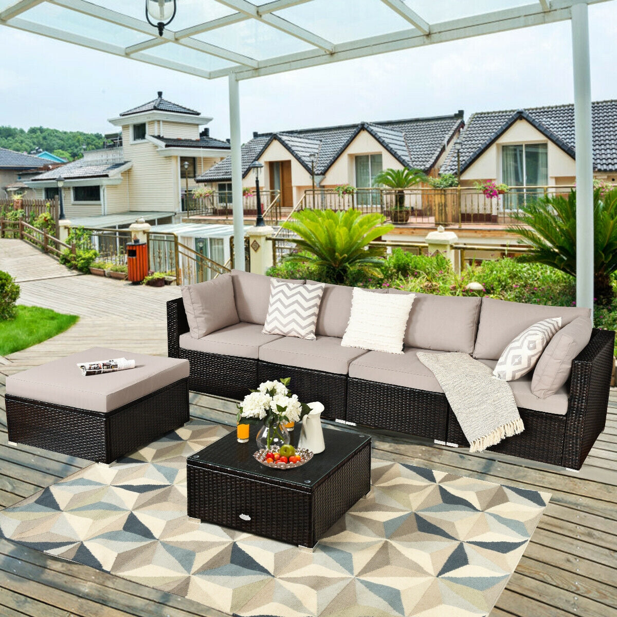 6 Pieces Outdoor Patio Rattan Furniture Set Sofa Ottoman, Beige Outdoor Sectionals at Gallery Canada