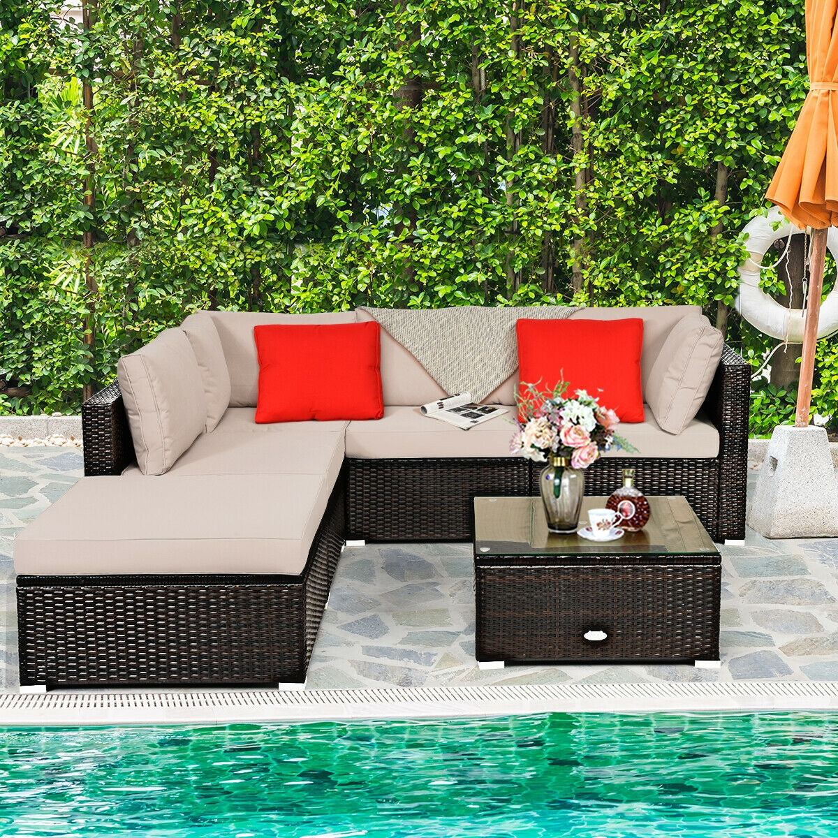6 Pieces Outdoor Patio Rattan Furniture Set Sofa Ottoman, Beige Outdoor Sectionals at Gallery Canada